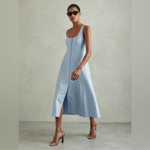 NWOT Reiss Clarice Blue Linen Broderie Midi Dress  | UK 10 / US 6